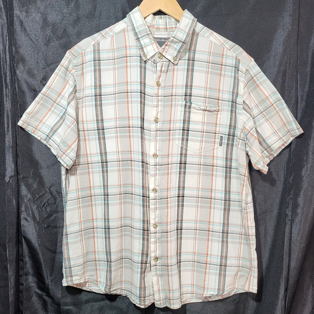 Eddie Bauer Mens XL Short Sleeve Plaid Button Down Shirt Grey Orange Teal Cotton
